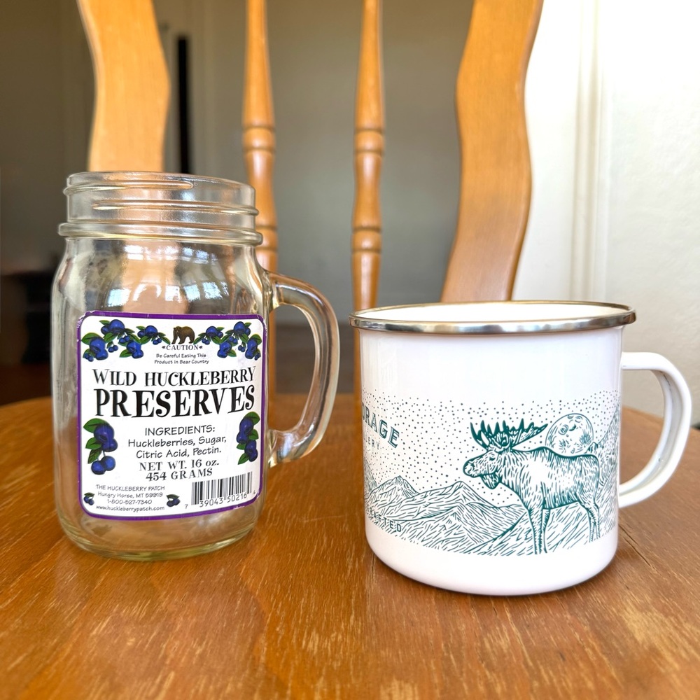 Glass Jar / Cup Set. Features a Huckleberry Preserves Jar and Camp Mug.